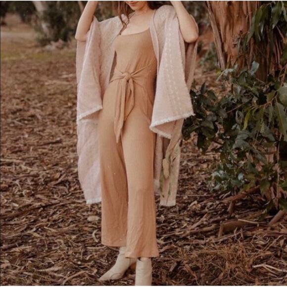 Reformation Kazu Jumpsuit Small Brown Tan Wide Leg Ribbed Knit One Piece Neutral - Picture 2 of 16